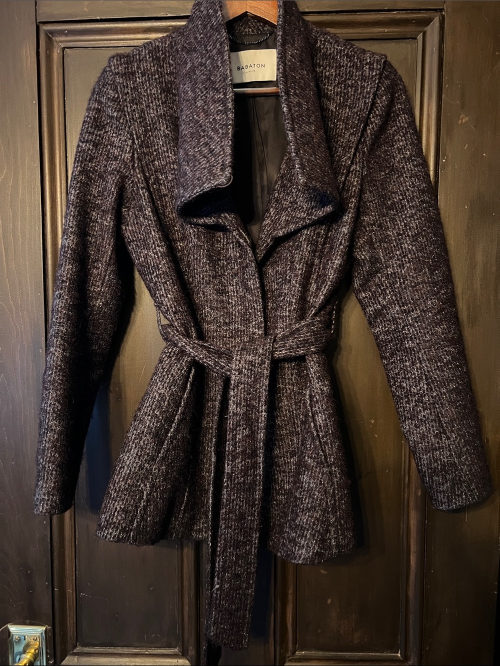 Babaton Marled Gray Tweed Belted Short Coat
